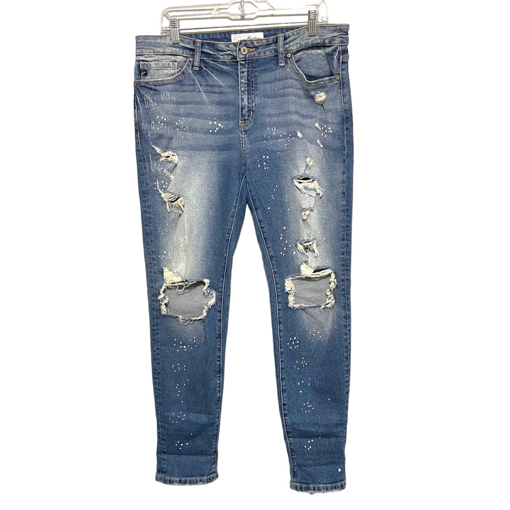 KanCan High Rise Ripped Boyfriend Mom Jean Paint Splatter Stretch Womens 11/29